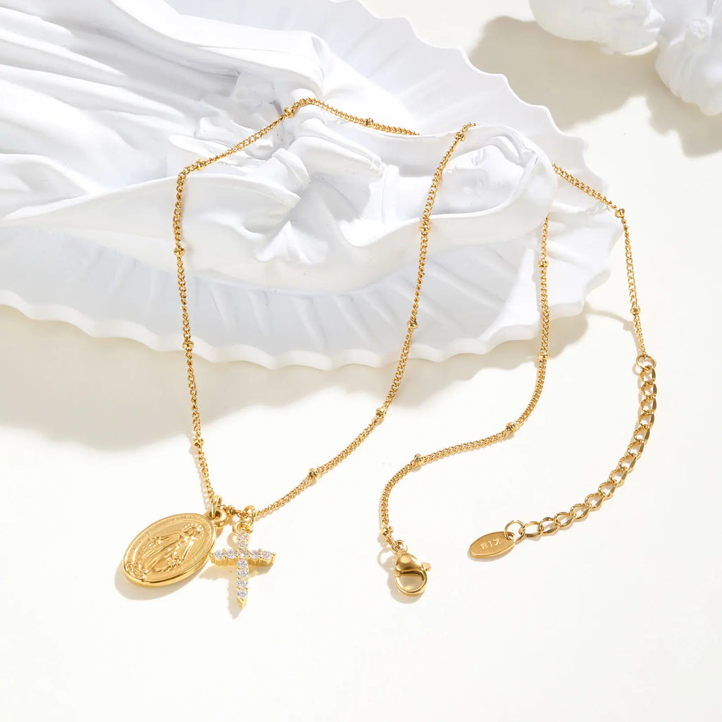Zircon Cross Virgin Mary Pendant Necklace for Women,Stainless Steel Gold Plated Bead Chain Necklace, Religious Prayer Jewelry