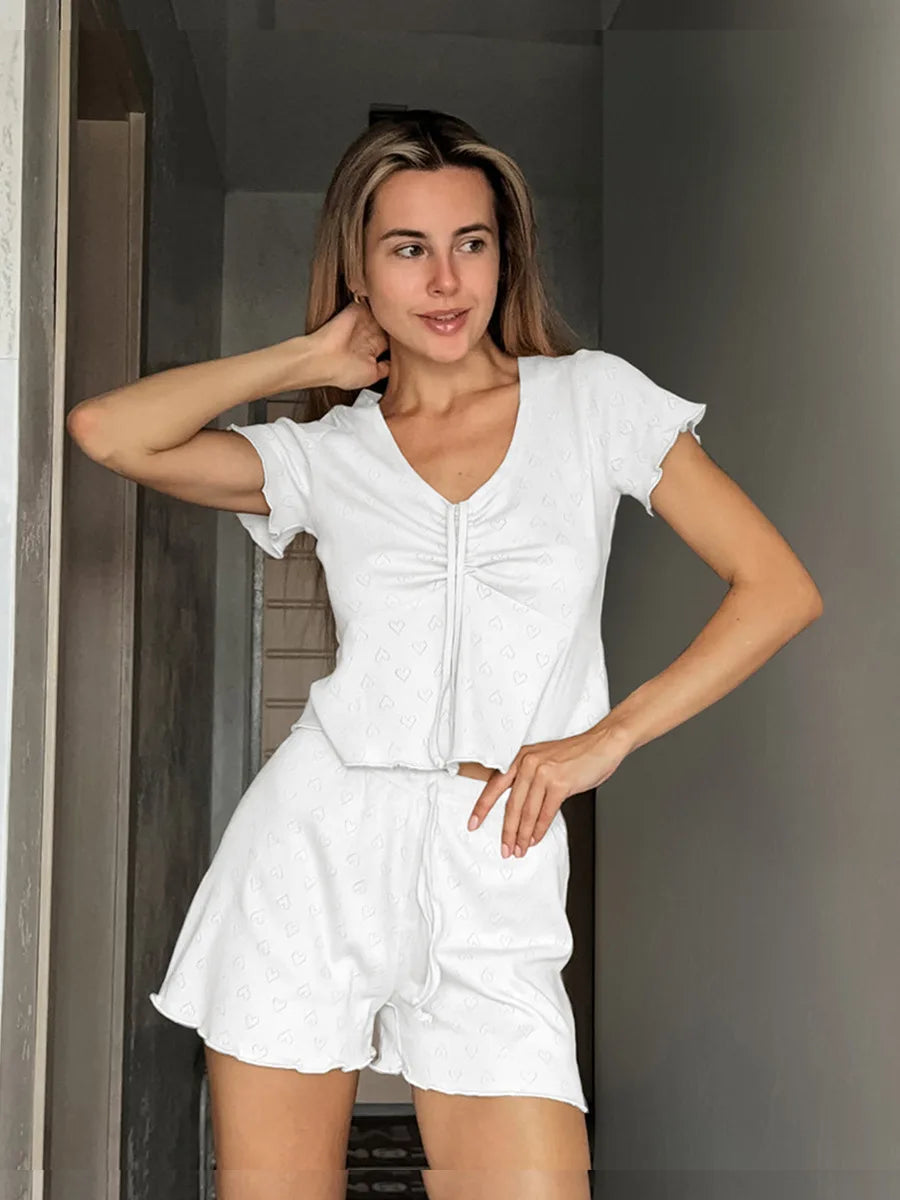 Blubelle Drawstring Short Sleeved Shorts Pajama Set Summer New Jacquard Pajamas women's Home Clothes Shorts 2-piece Set