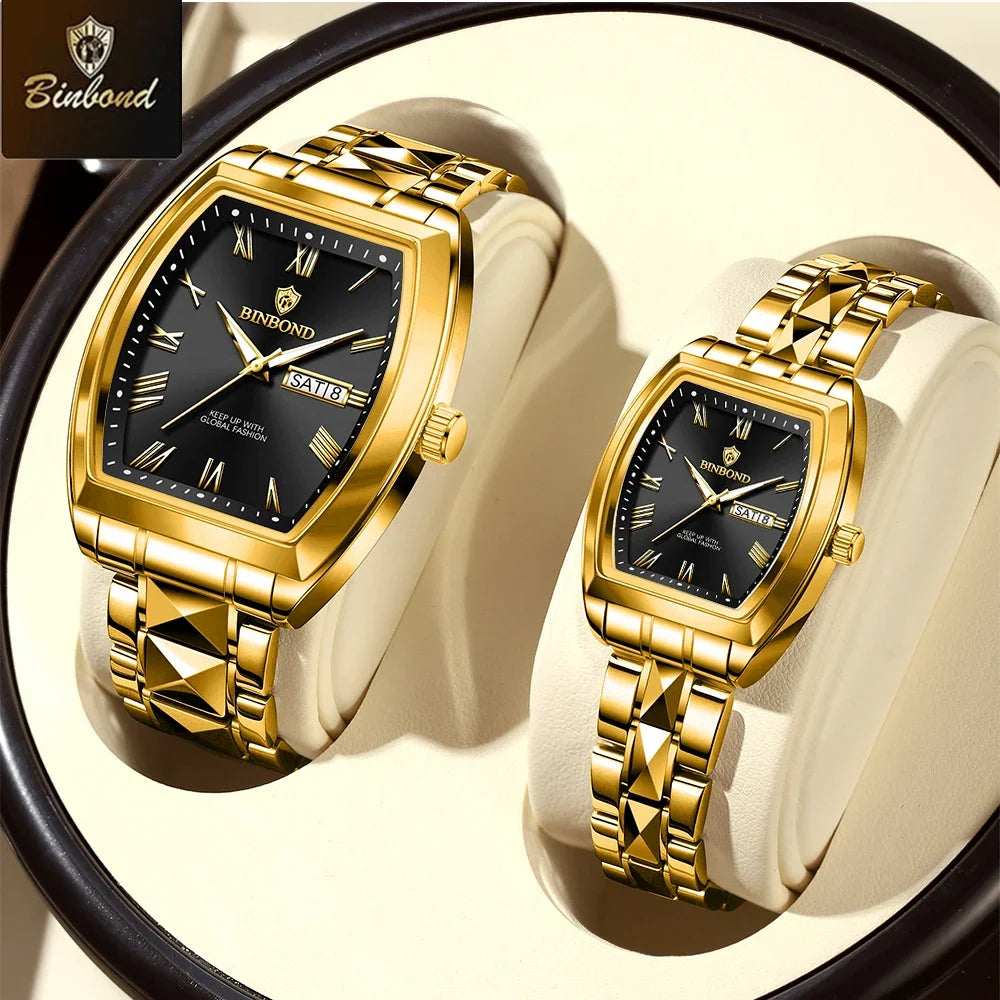 BINBOND 2pcs Couple Watches Fashion Square Quartz Watch for Lover Wateproof Luminous Date Week Men Ladies Valentine Wristwatch