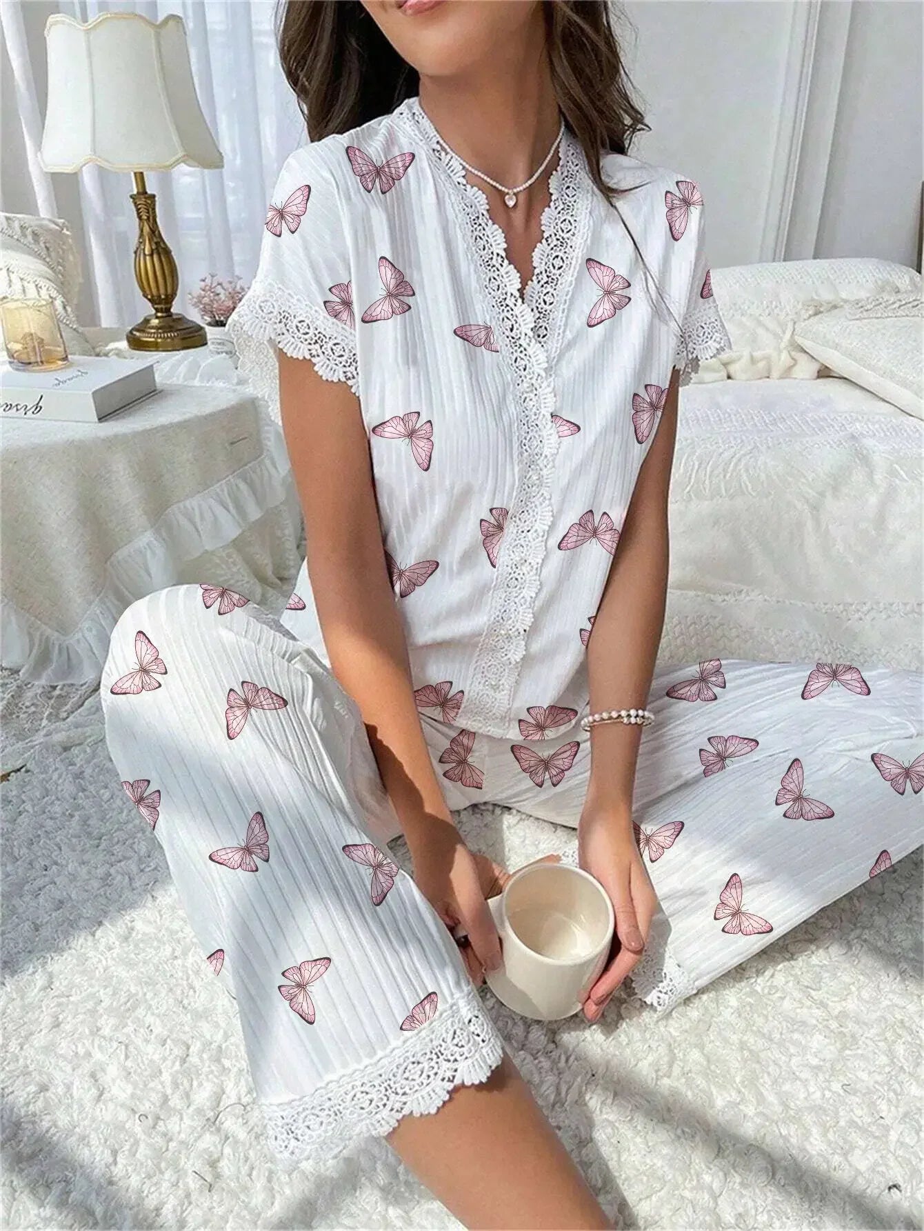 New Elegant Women's Pajamas Cherry Printed Lace Lace Decoration Button Short Sleeve Long Pants Loungewear Set