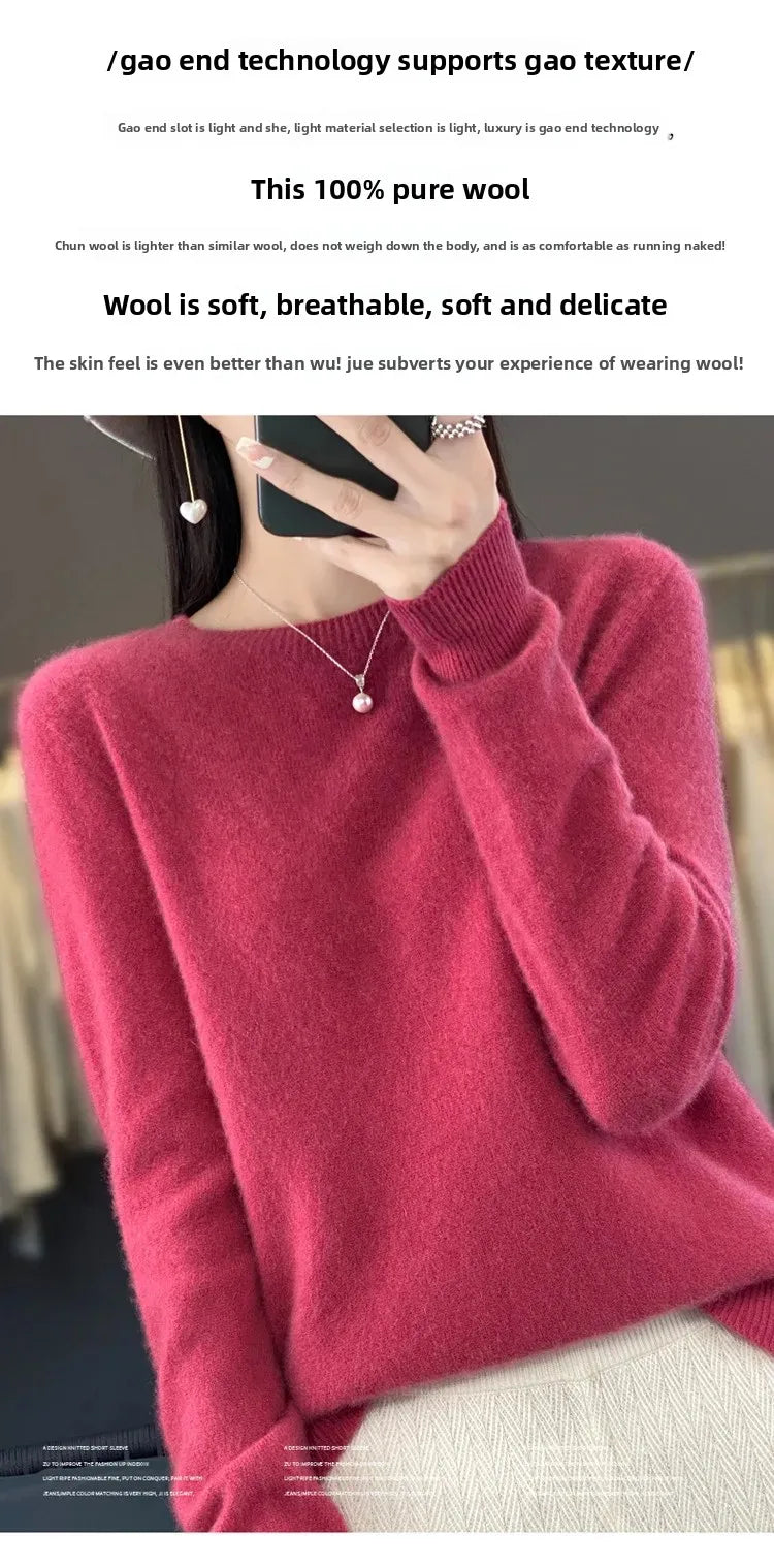 Elegant Crew Neck Knitwear Women's Long Sleeve Wool Sweater Simple Quality Base Layer Shirt Versatile Fashionable Chinese Brand