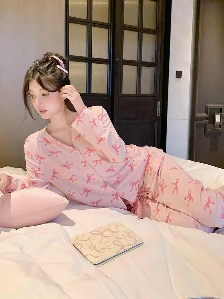 ElyraLux Women Night Wear Long Sleeves Pink Loungewear Leisure Sleepwear V-neck Two-Piece Set Bowknot Home clothing M-3XL