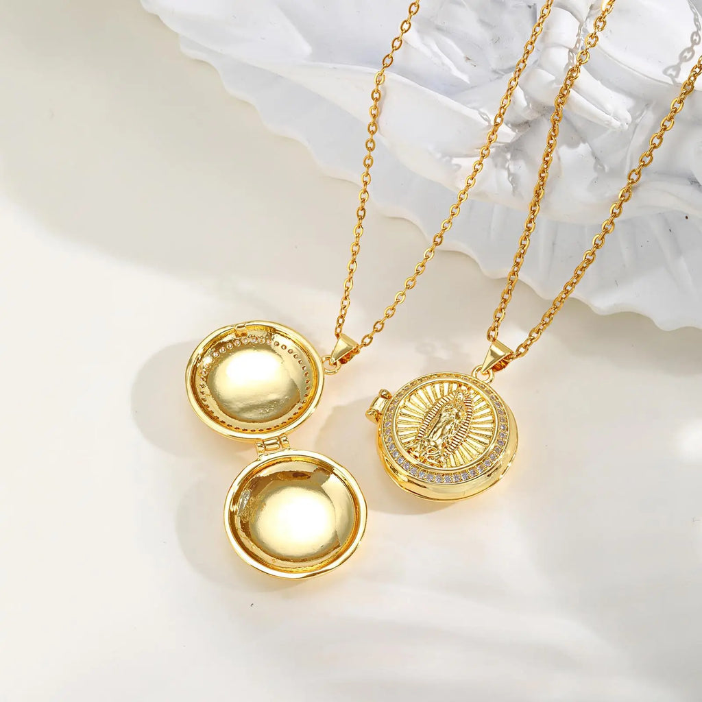 Round Zircon Virgin Mary Locked Pendant Necklace for Women, No Photo, Adjustable Link Jewelry