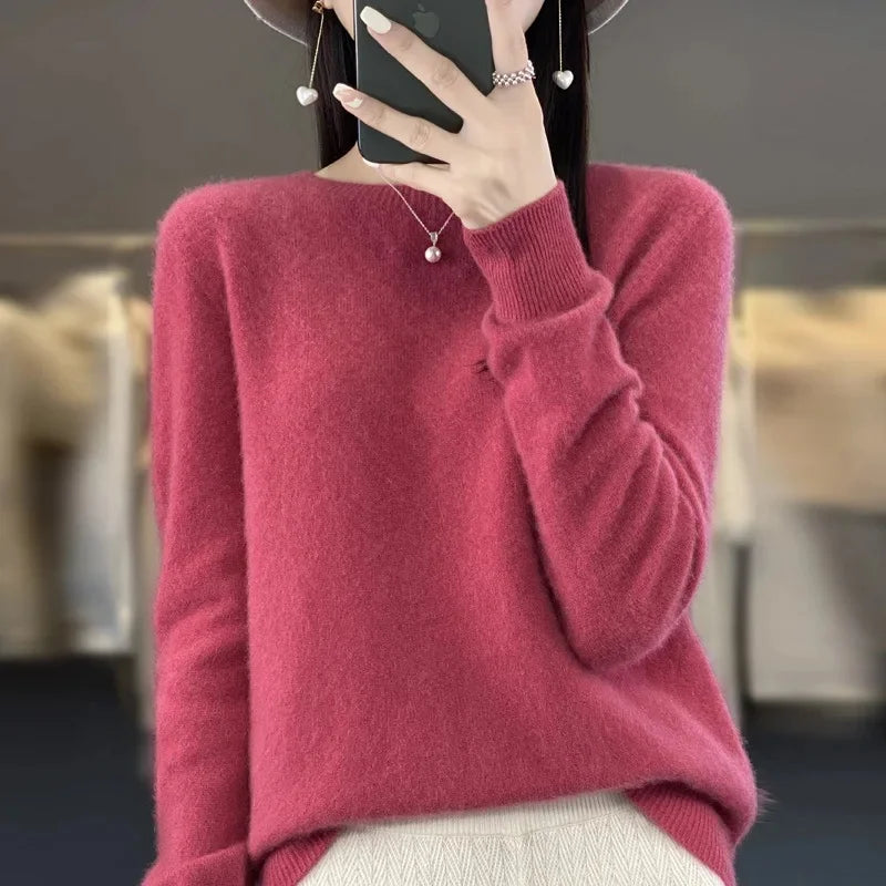 Elegant Crew Neck Knitwear Women's Long Sleeve Wool Sweater Simple Quality Base Layer Shirt Versatile Fashionable Chinese Brand