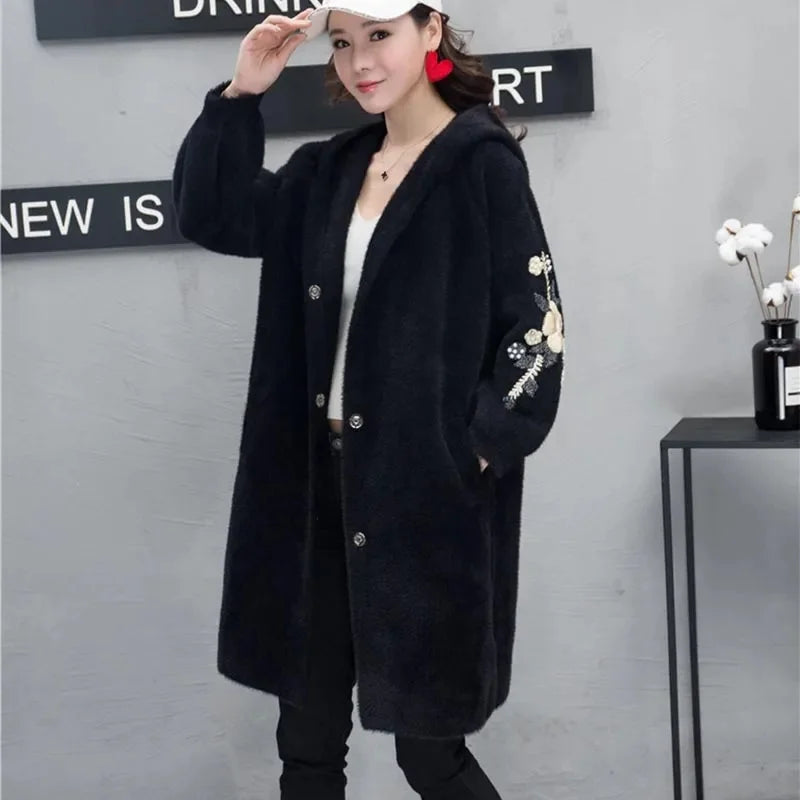 Thickened Autumn and Winter New Imitation Mink fur Coat Women's Medium Long Embroidered Knitted Cardigan Hooded Mink fur Coat WS