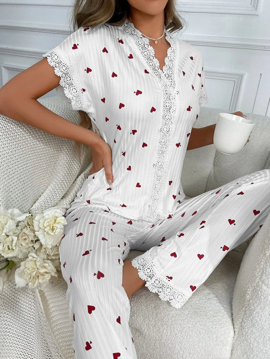 New Elegant Women's Pajamas Cherry Printed Lace Lace Decoration Button Short Sleeve Long Pants Loungewear Set