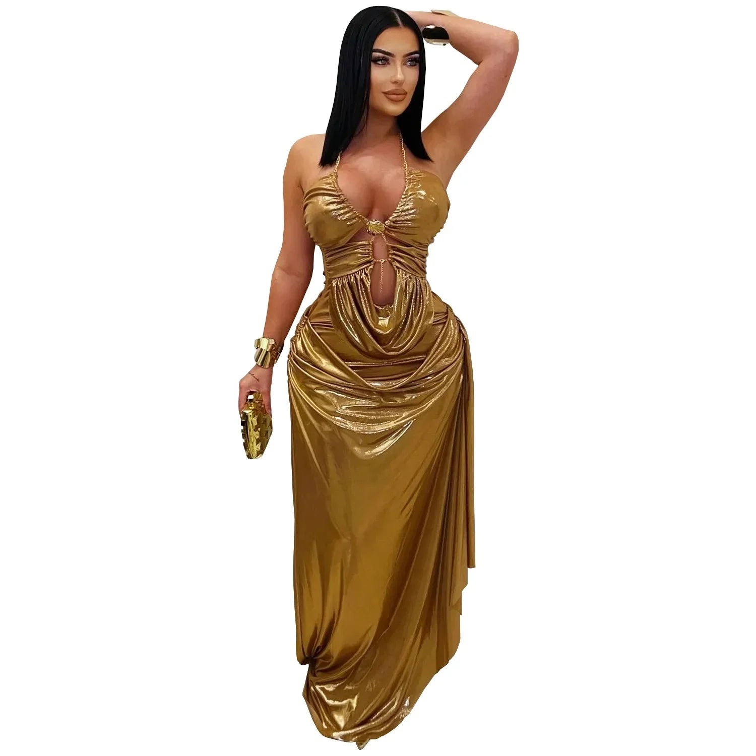 Fashionable Sexy Off-Shoulder Golden Chain Pleated Arm-Enveloping Dress Cross-Border Elegant Women's Long Ankle Dress