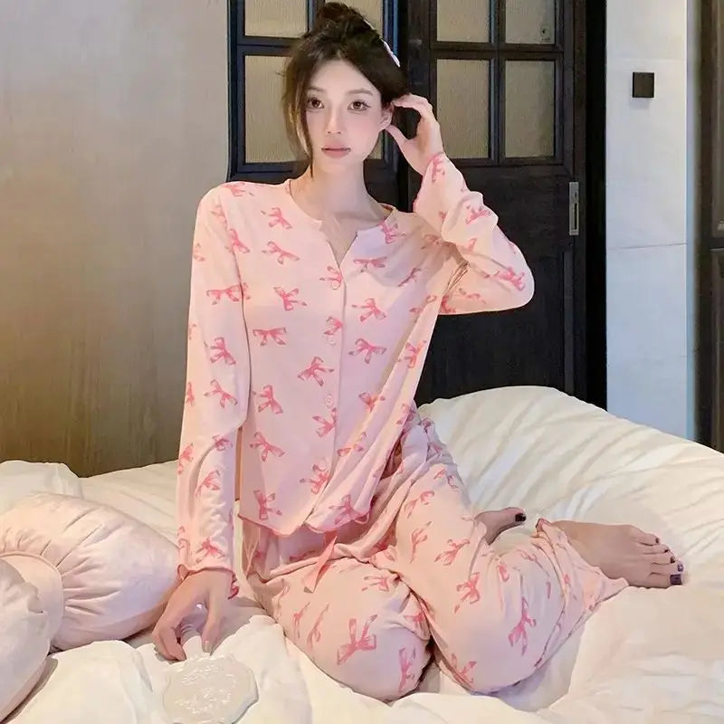 ElyraLux Women Night Wear Long Sleeves Pink Loungewear Leisure Sleepwear V-neck Two-Piece Set Bowknot Home clothing M-3XL