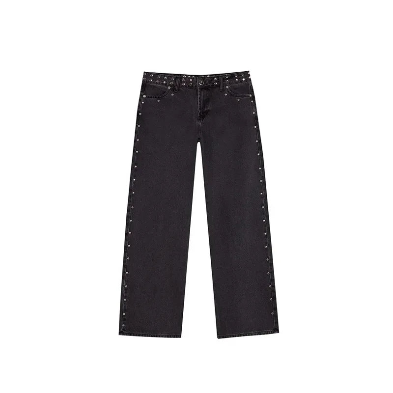 Y2K Vintage Jeans Flash Silver Star Pattern Metal Rivet Jeans Female Baggy Casual Straight Leg Denim Pants Simple Women Clothing