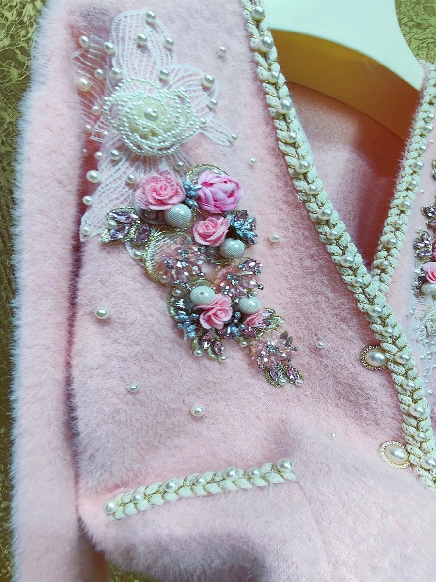 Luxury Style Flower Beaded Stitch Knitwear Faux Fur Cardigan Coat For Women V-neck Loose Pink Sweater Outwear Jacket