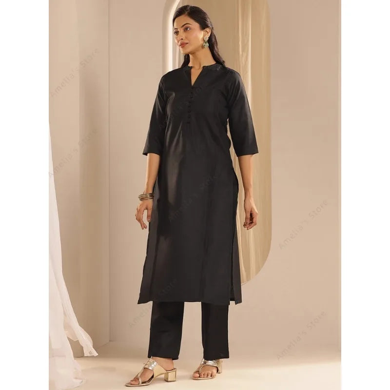 Women's Black Jacquard Kurta Pant Dupatta 3-PCS Set Elegant Indian Ethnic Suit for Festive Formal Wear Pakistani Dress