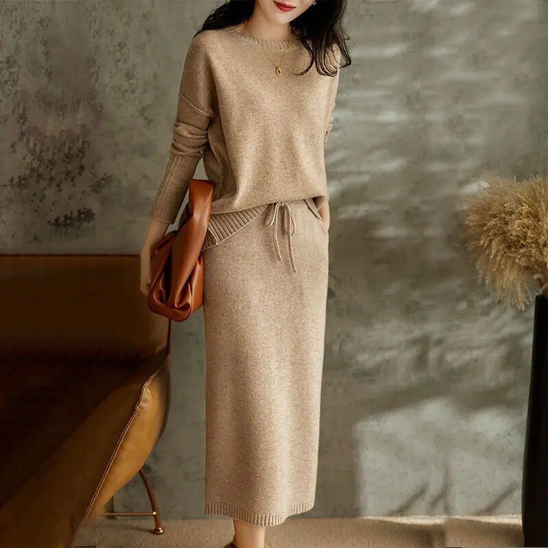 Skirt Suit Women Knitting 2 Piece Set Pullover Sweater Knitted Skirts Jumpers Autumn Winter Ensemble Vintage Knitwear Outfits