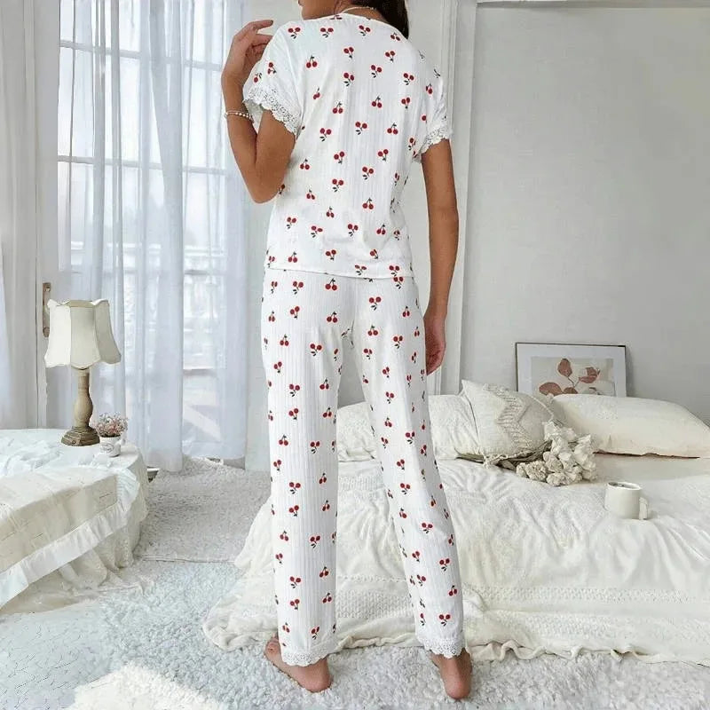 New Elegant Women's Pajamas Cherry Printed Lace Lace Decoration Button Short Sleeve Long Pants Loungewear Set