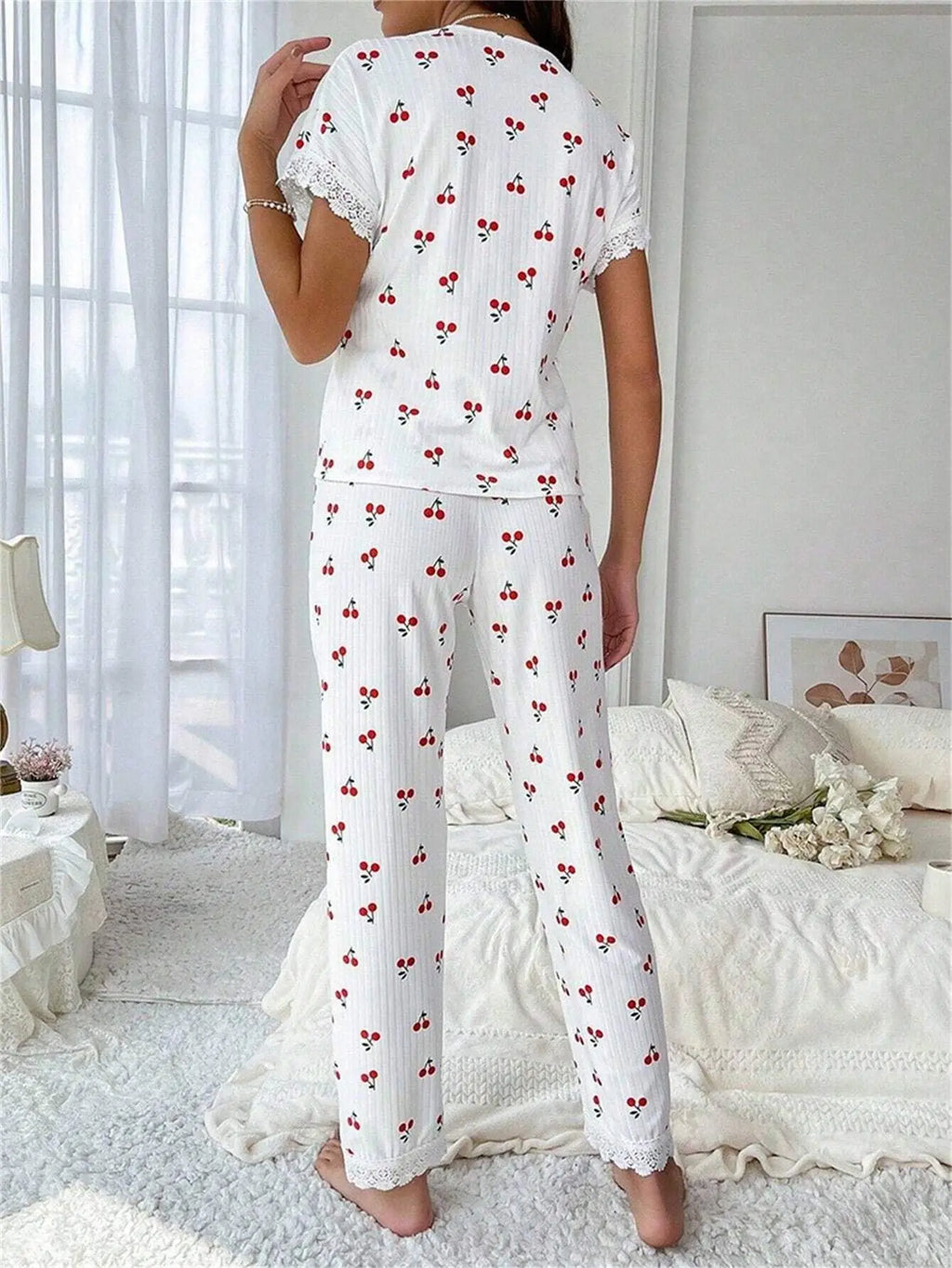 New Elegant Women's Pajamas Cherry Printed Lace Lace Decoration Button Short Sleeve Long Pants Loungewear Set