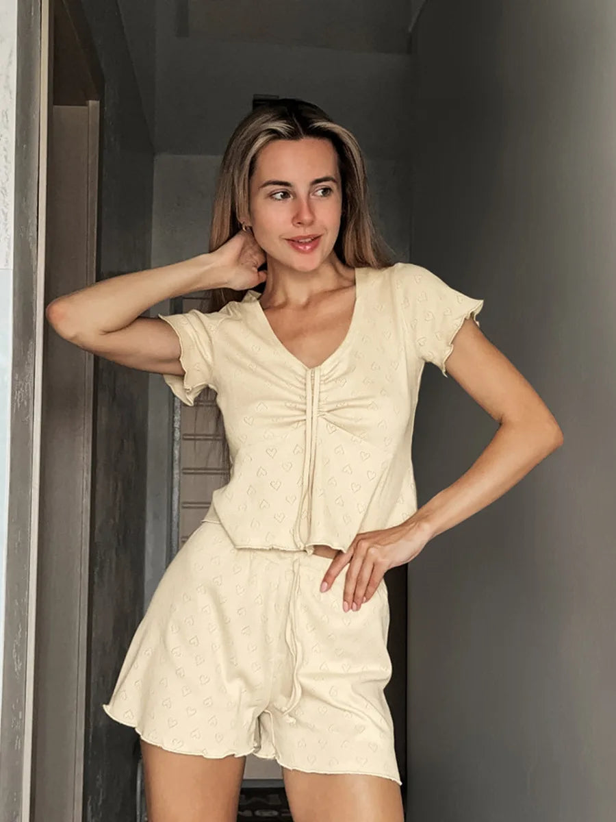 Blubelle Drawstring Short Sleeved Shorts Pajama Set Summer New Jacquard Pajamas women's Home Clothes Shorts 2-piece Set