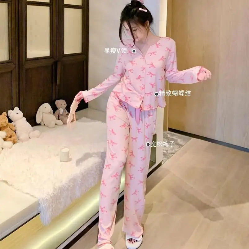 ElyraLux Women Night Wear Long Sleeves Pink Loungewear Leisure Sleepwear V-neck Two-Piece Set Bowknot Home clothing M-3XL