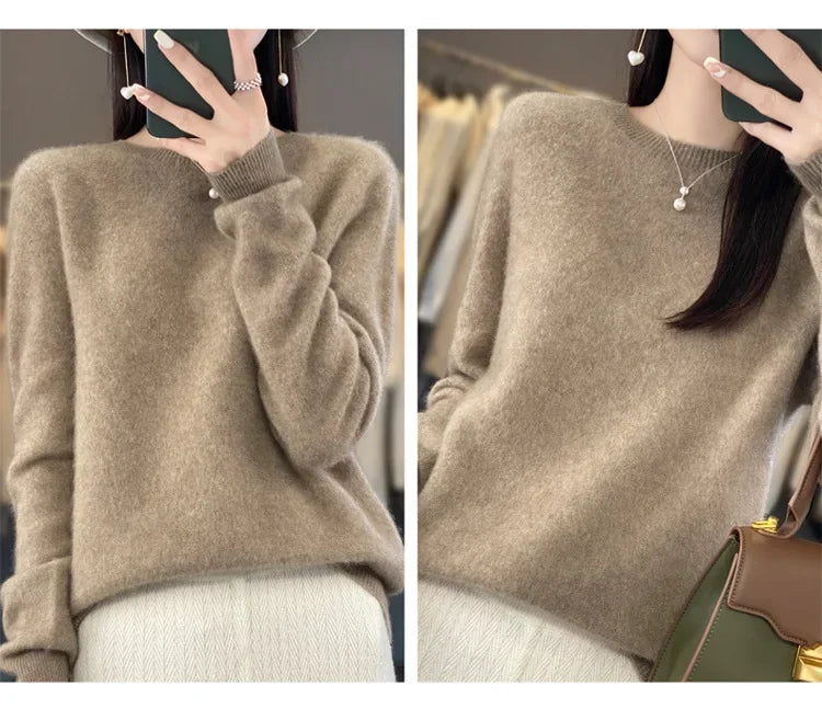 Elegant Crew Neck Knitwear Women's Long Sleeve Wool Sweater Simple Quality Base Layer Shirt Versatile Fashionable Chinese Brand