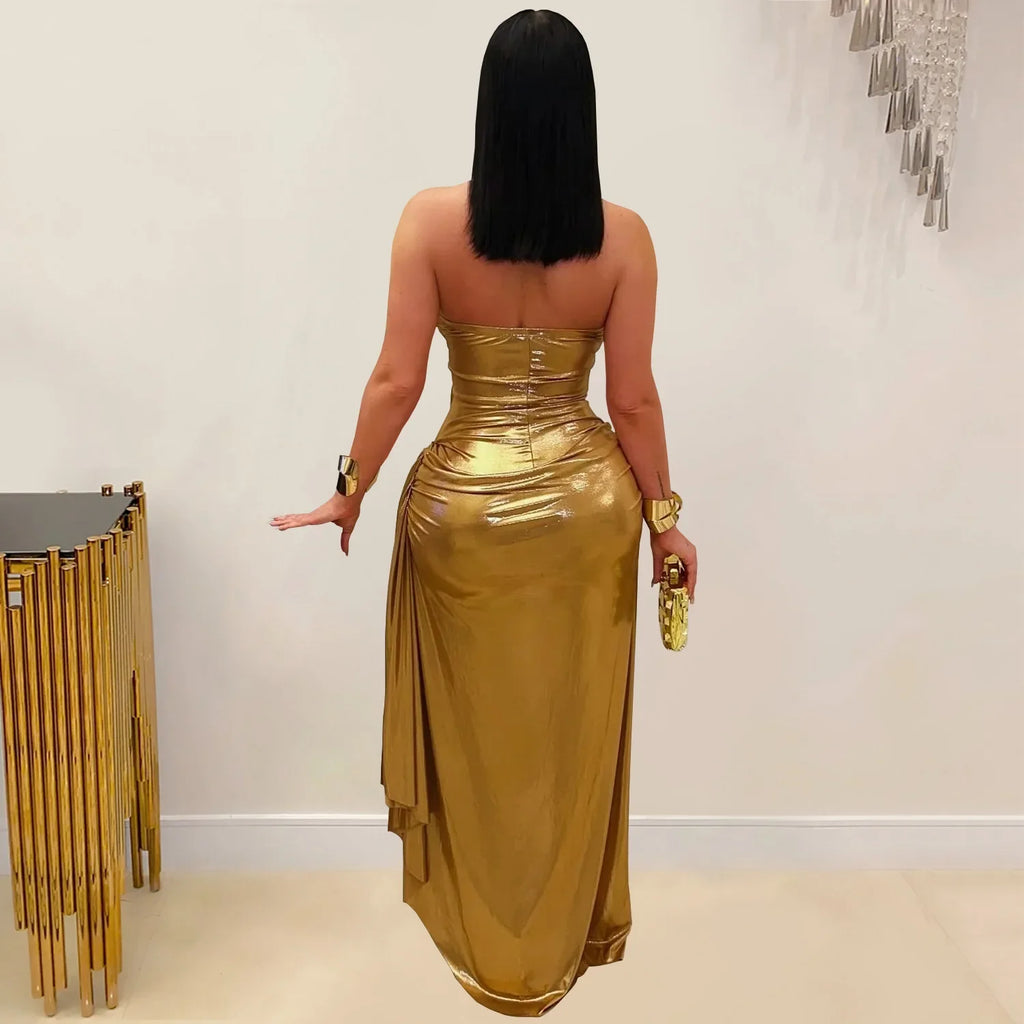 Fashionable Sexy Off-Shoulder Golden Chain Pleated Arm-Enveloping Dress Cross-Border Elegant Women's Long Ankle Dress