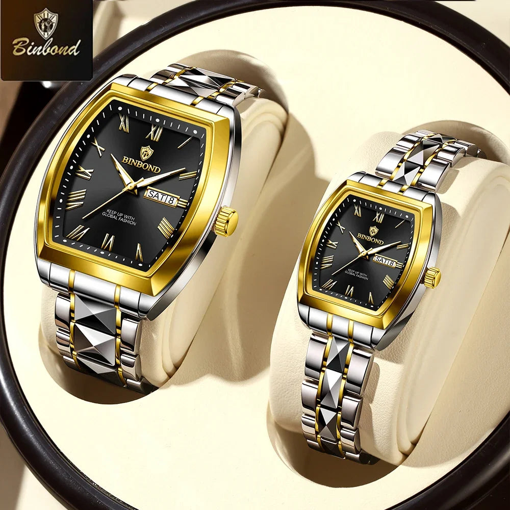BINBOND 2pcs Couple Watches Fashion Square Quartz Watch for Lover Wateproof Luminous Date Week Men Ladies Valentine Wristwatch