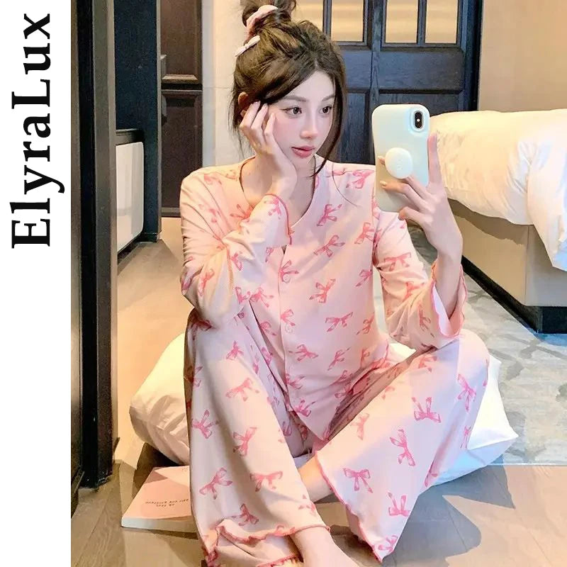 ElyraLux Women Night Wear Long Sleeves Pink Loungewear Leisure Sleepwear V-neck Two-Piece Set Bowknot Home clothing M-3XL