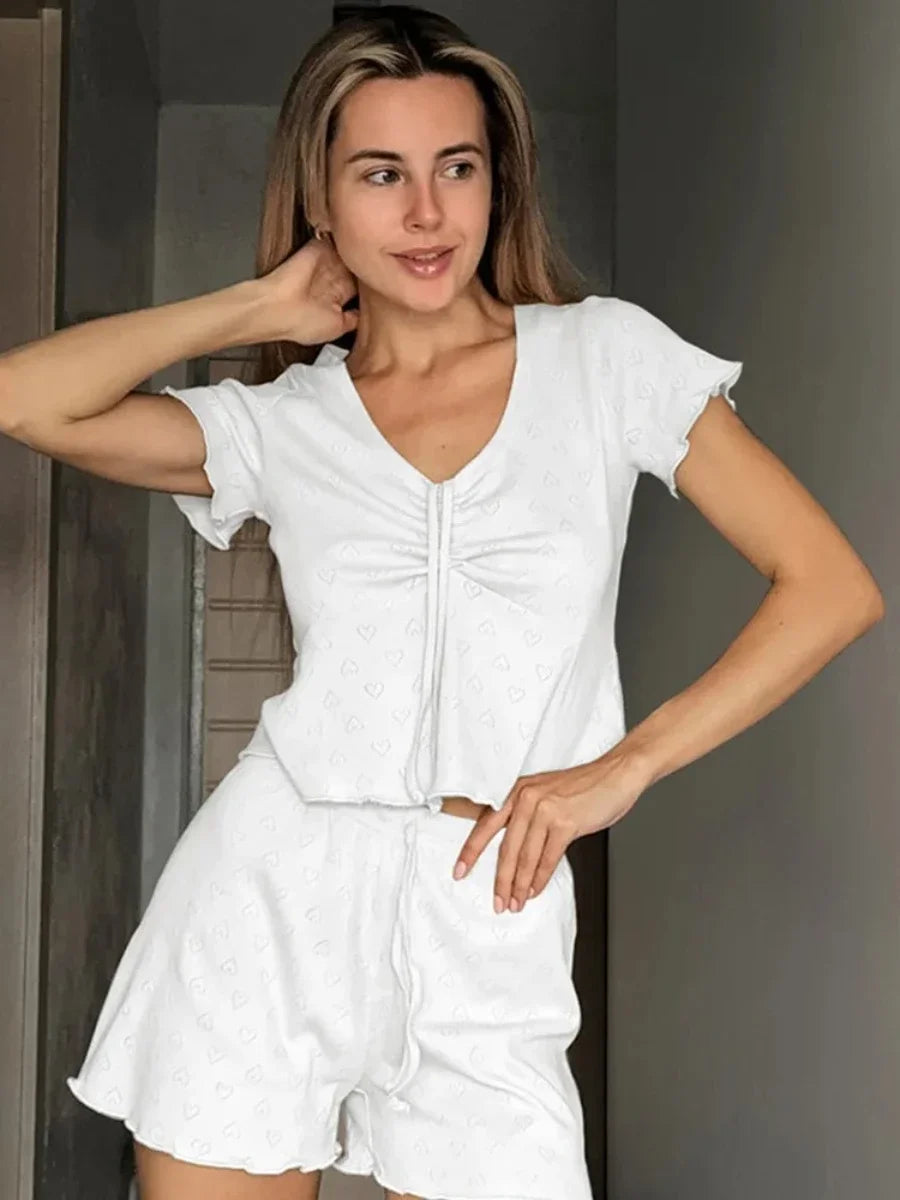 Blubelle Drawstring Short Sleeved Shorts Pajama Set Summer New Jacquard Pajamas women's Home Clothes Shorts 2-piece Set