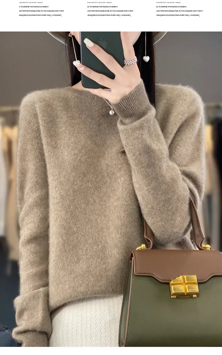 Elegant Crew Neck Knitwear Women's Long Sleeve Wool Sweater Simple Quality Base Layer Shirt Versatile Fashionable Chinese Brand