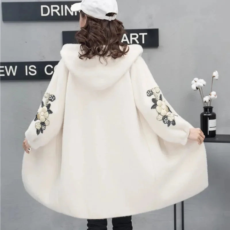 Thickened Autumn and Winter New Imitation Mink fur Coat Women's Medium Long Embroidered Knitted Cardigan Hooded Mink fur Coat WS