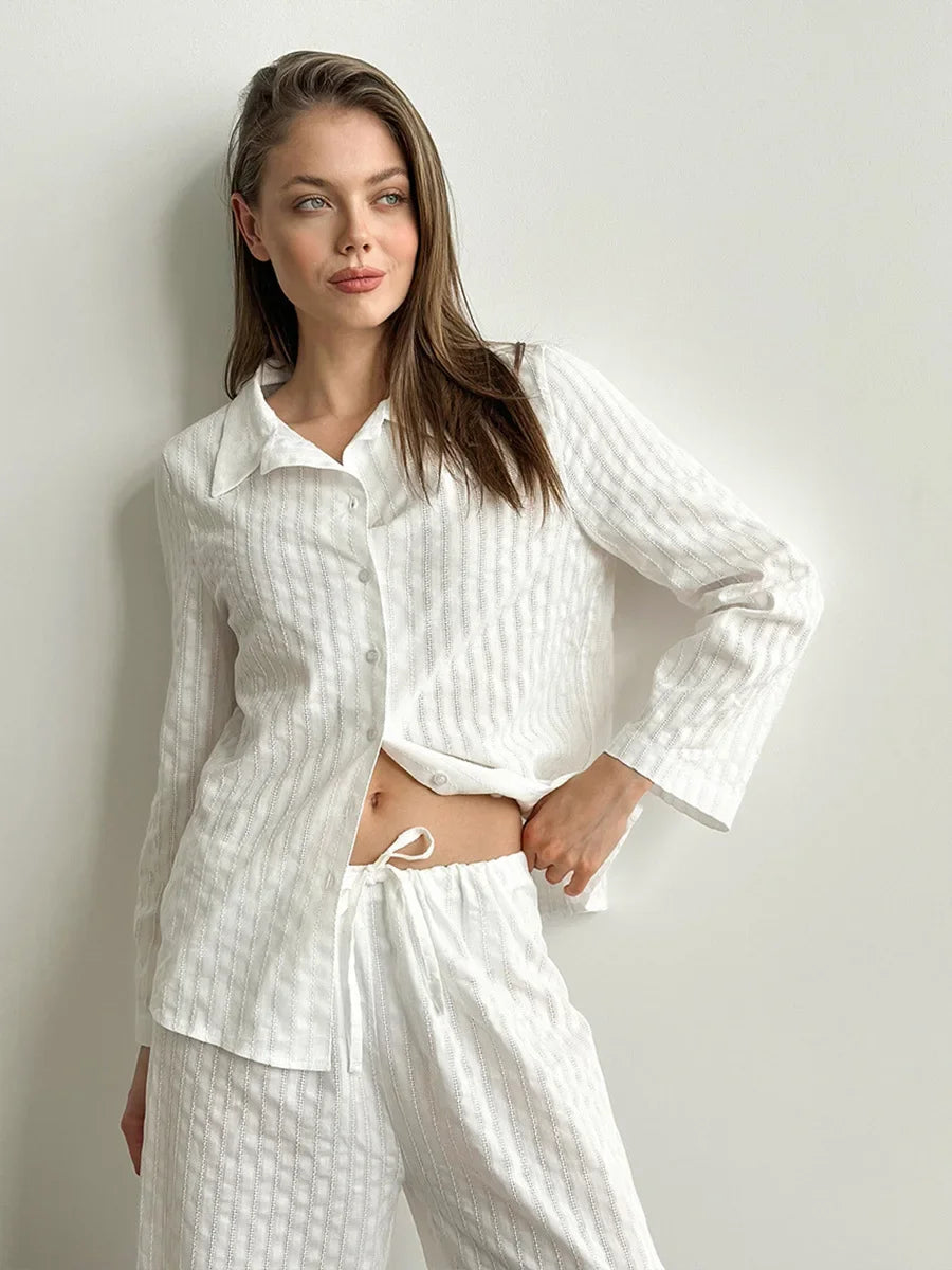 Blubelle 100% Cotton Cardigan Pants Pajama Set 2025 New Style Lapel Long Sleeved Long Pants Pajama Women's Casual Set