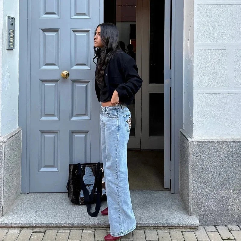 Y2K Vintage Jeans Flash Silver Star Pattern Metal Rivet Jeans Female Baggy Casual Straight Leg Denim Pants Simple Women Clothing