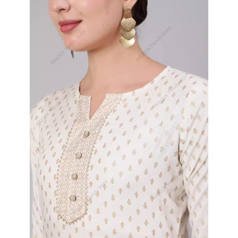 Women's Indian Ethnic Print 3-Piece Kurta Set Mid-Length Cotton Suit with Palazzo Dupatta