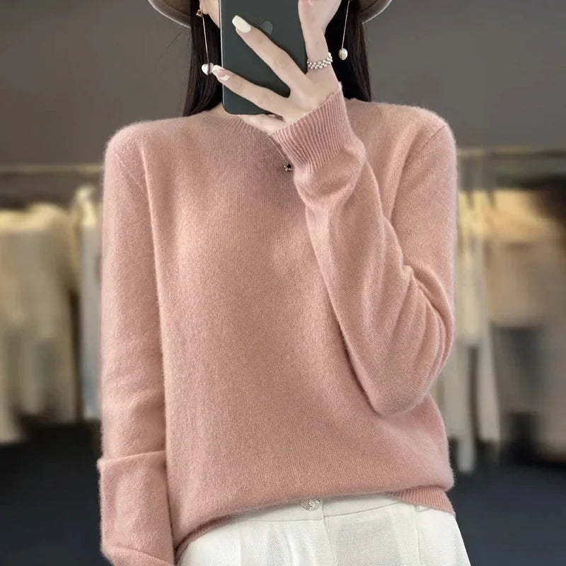 Elegant Crew Neck Knitwear Women's Long Sleeve Wool Sweater Simple Quality Base Layer Shirt Versatile Fashionable Chinese Brand