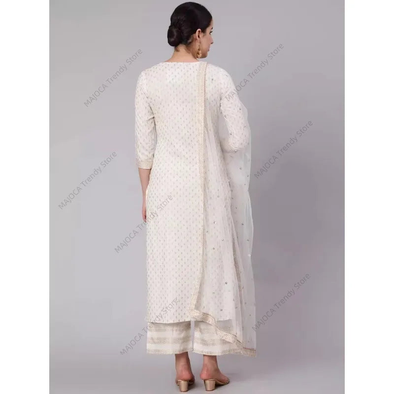 Women's Indian Ethnic Print 3-Piece Kurta Set Mid-Length Cotton Suit with Palazzo Dupatta