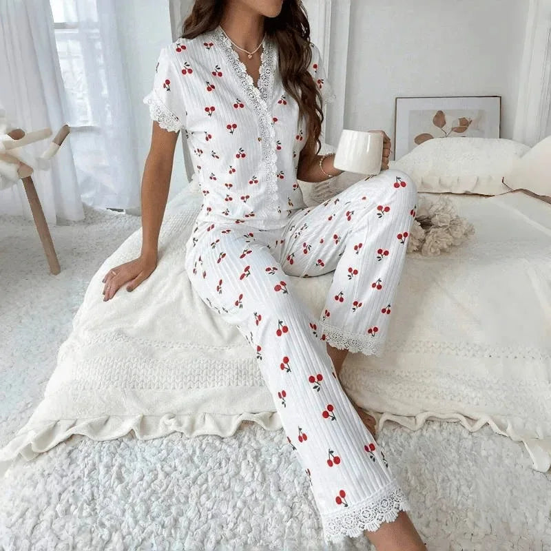 New Elegant Women's Pajamas Cherry Printed Lace Lace Decoration Button Short Sleeve Long Pants Loungewear Set