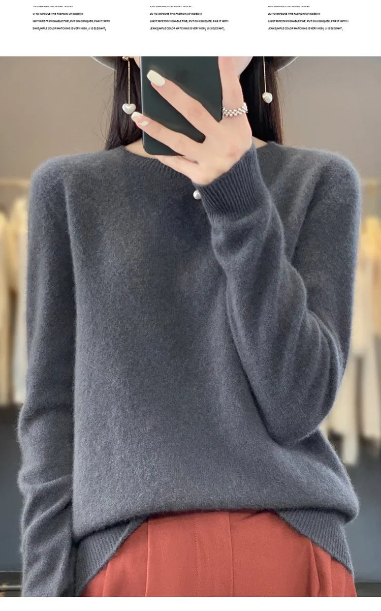 Elegant Crew Neck Knitwear Women's Long Sleeve Wool Sweater Simple Quality Base Layer Shirt Versatile Fashionable Chinese Brand