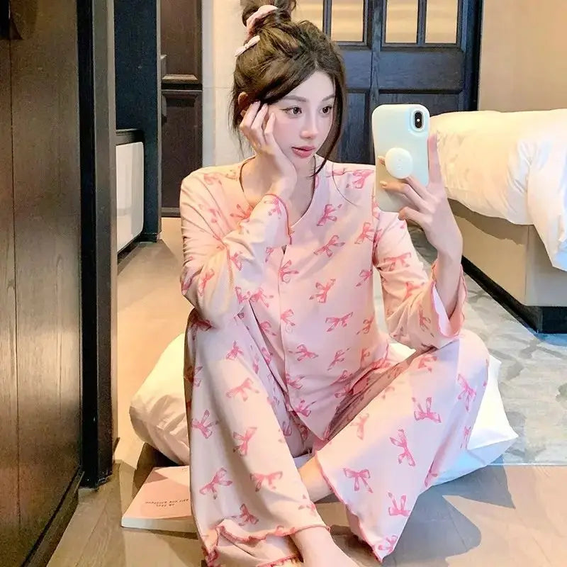 ElyraLux Women Night Wear Long Sleeves Pink Loungewear Leisure Sleepwear V-neck Two-Piece Set Bowknot Home clothing M-3XL
