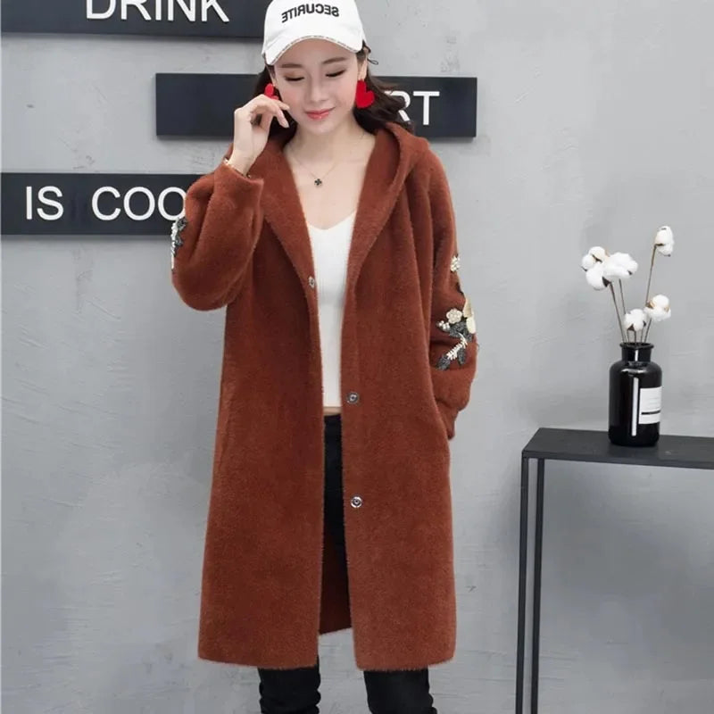 Thickened Autumn and Winter New Imitation Mink fur Coat Women's Medium Long Embroidered Knitted Cardigan Hooded Mink fur Coat WS