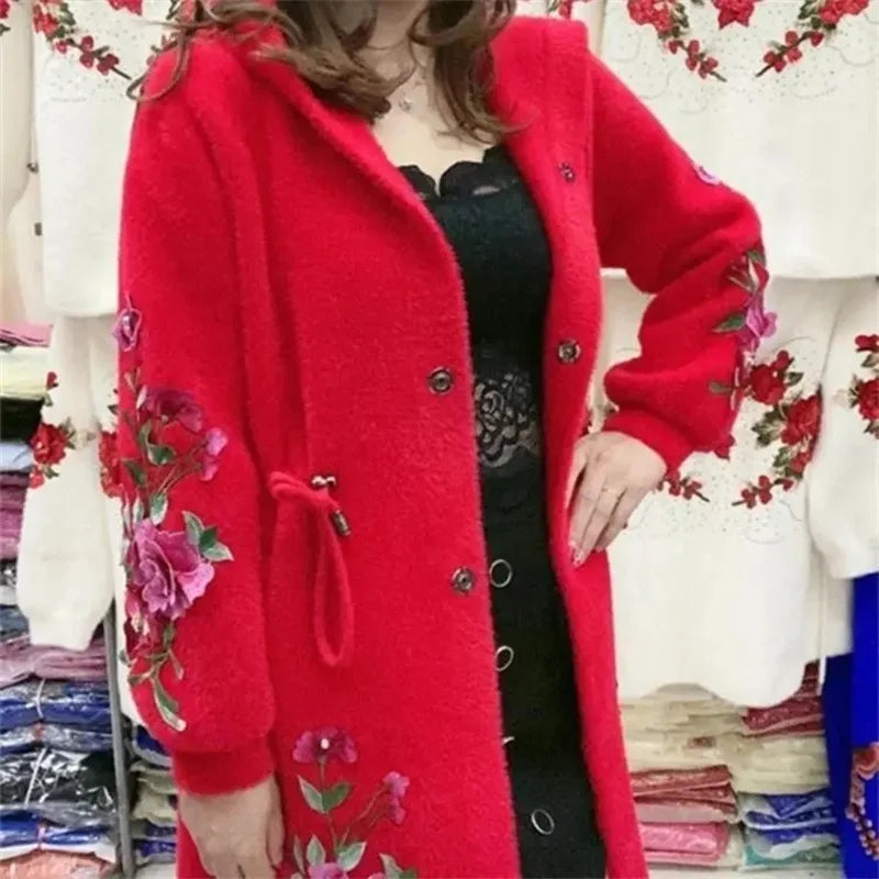 Autumn Winter New 2023 Women Imitation Mink Velvet Jacket Middle Aged Mother Hooded Loose Casual Warm Knitted  Cardigan Female