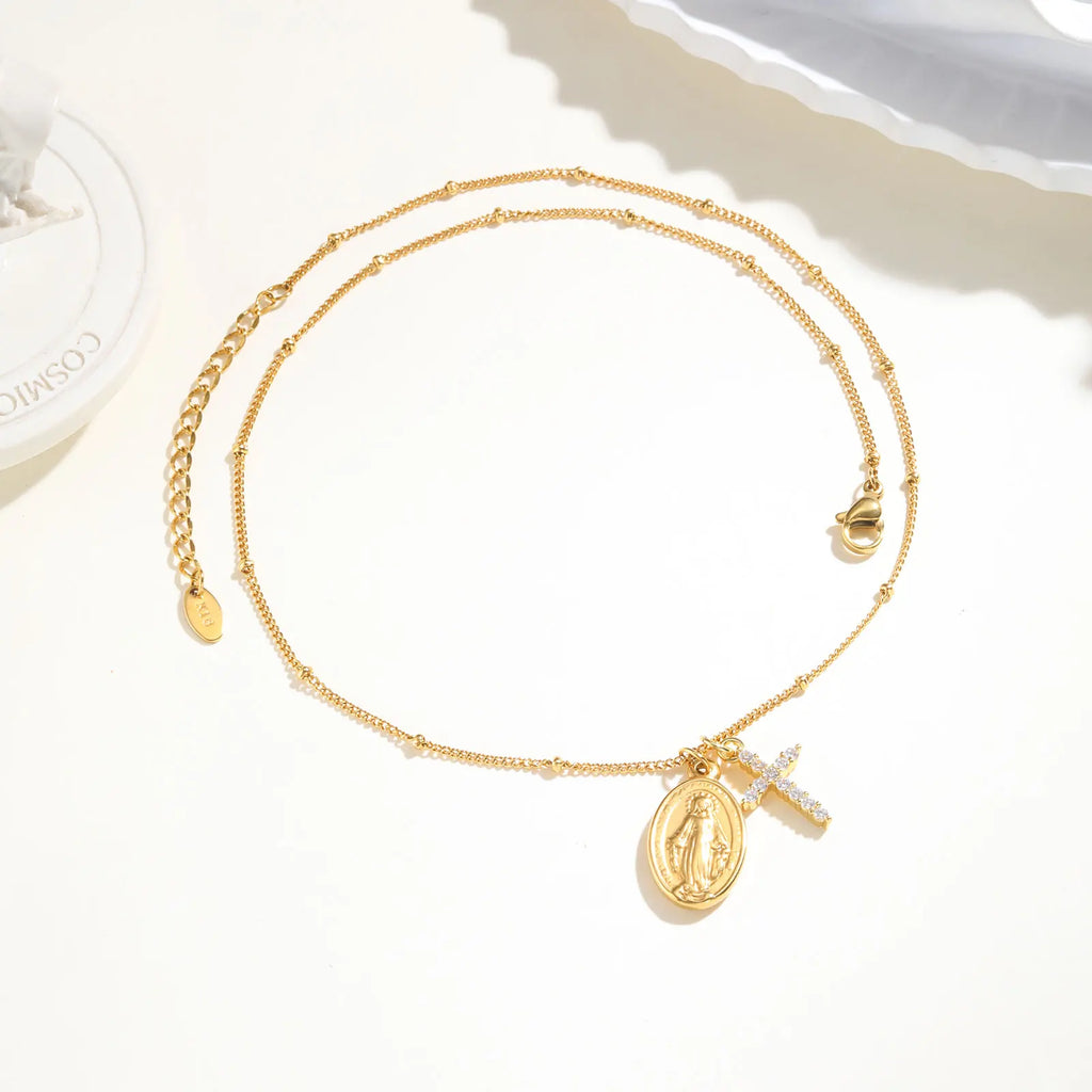 Zircon Cross Virgin Mary Pendant Necklace for Women,Stainless Steel Gold Plated Bead Chain Necklace, Religious Prayer Jewelry