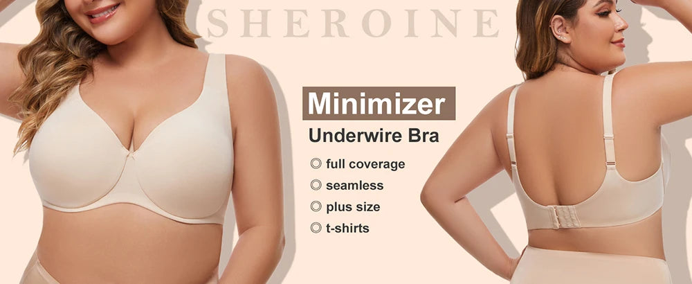 Sheroine Plus Size Underwire Bra Minimizer, Full Coverage Seamless Unlined Bras for Women Unpadded Everyday Support Comfort