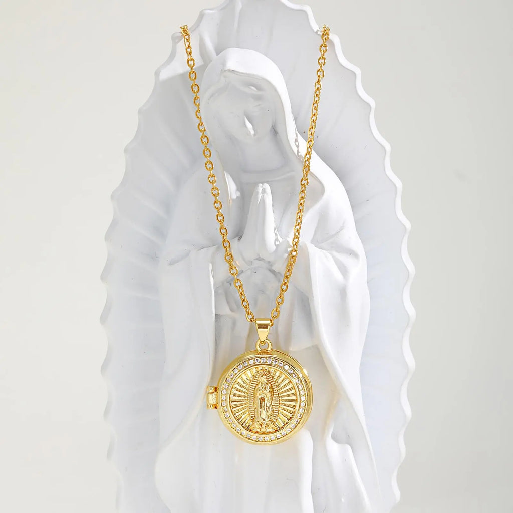 Round Zircon Virgin Mary Locked Pendant Necklace for Women, No Photo, Adjustable Link Jewelry