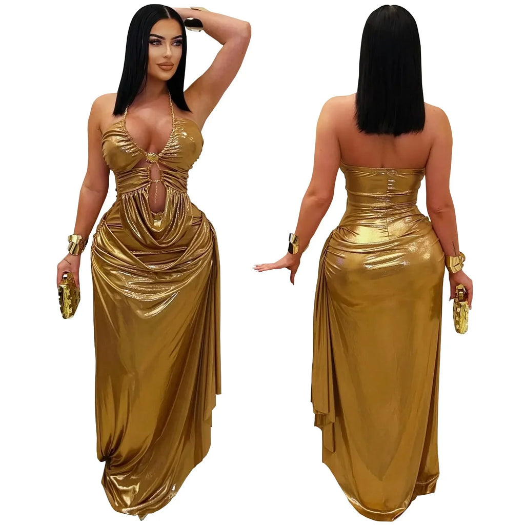 Fashionable Sexy Off-Shoulder Golden Chain Pleated Arm-Enveloping Dress Cross-Border Elegant Women's Long Ankle Dress