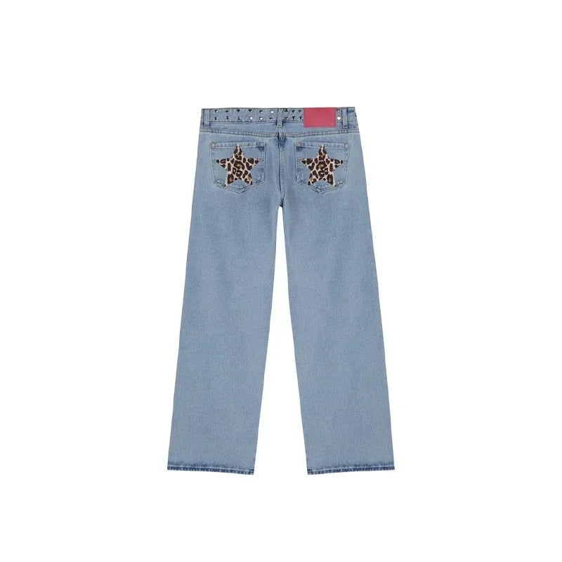 Y2K Vintage Jeans Flash Silver Star Pattern Metal Rivet Jeans Female Baggy Casual Straight Leg Denim Pants Simple Women Clothing