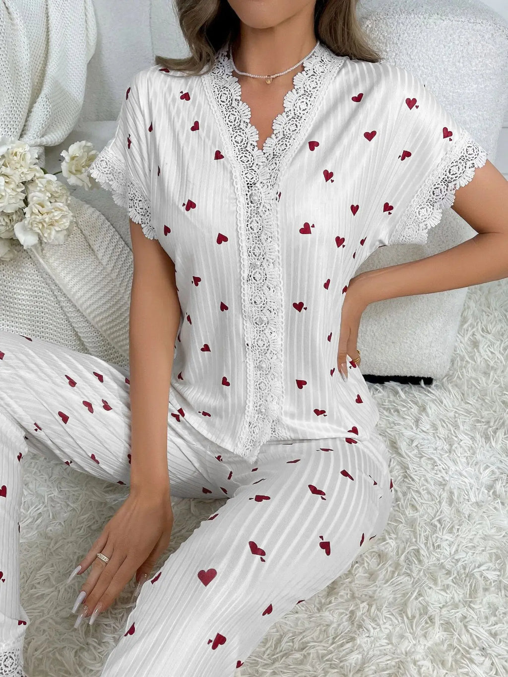 New Elegant Women's Pajamas Cherry Printed Lace Lace Decoration Button Short Sleeve Long Pants Loungewear Set
