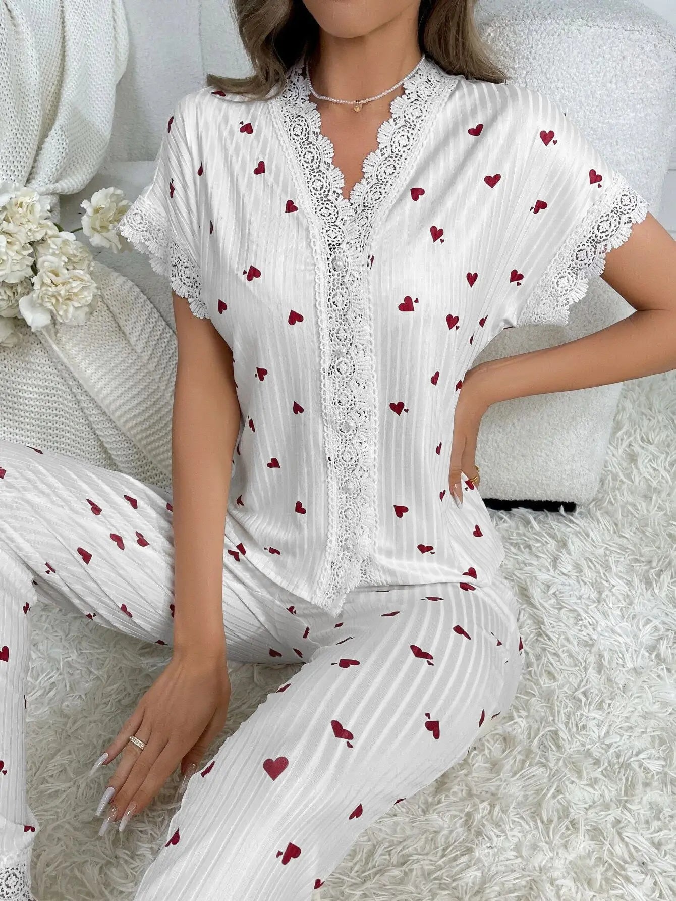 New Elegant Women's Pajamas Cherry Printed Lace Lace Decoration Button Short Sleeve Long Pants Loungewear Set