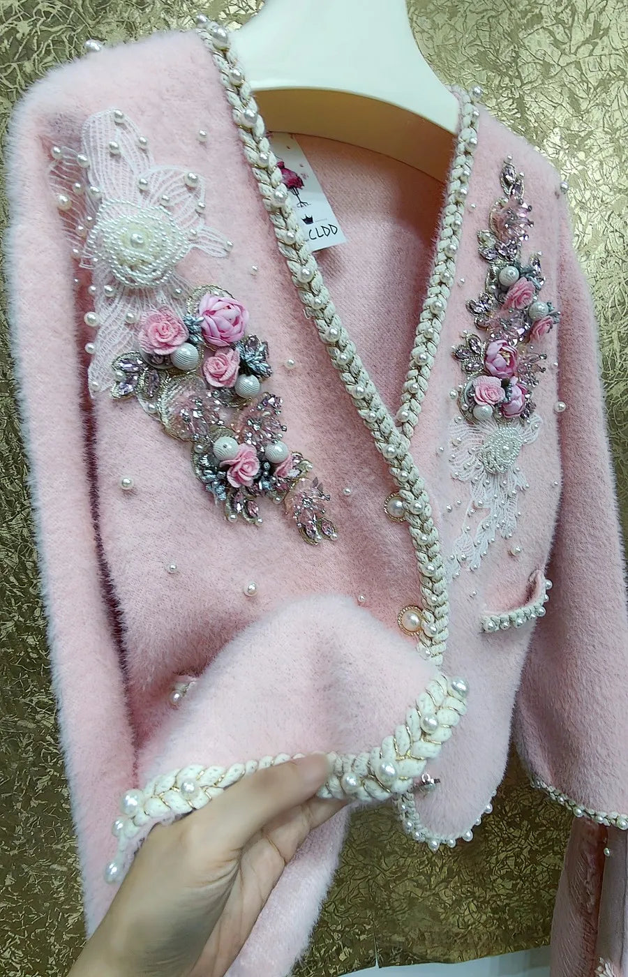 Luxury Style Flower Beaded Stitch Knitwear Faux Fur Cardigan Coat For Women V-neck Loose Pink Sweater Outwear Jacket