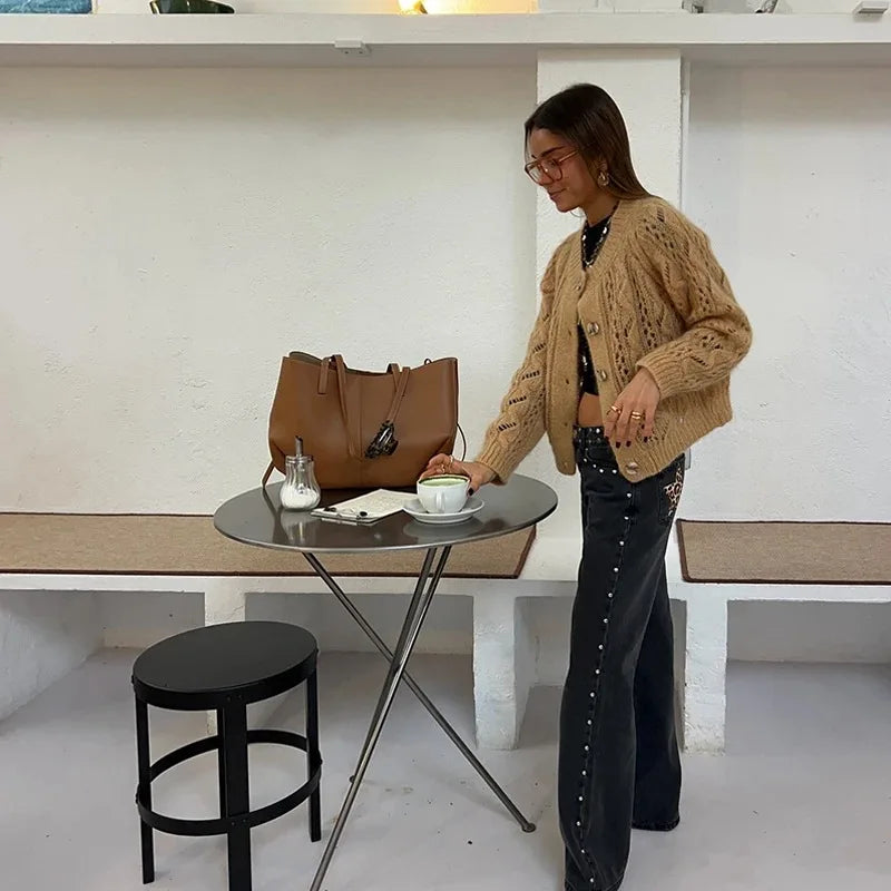 Y2K Vintage Jeans Flash Silver Star Pattern Metal Rivet Jeans Female Baggy Casual Straight Leg Denim Pants Simple Women Clothing