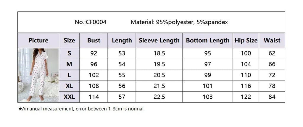 New Elegant Women's Pajamas Cherry Printed Lace Lace Decoration Button Short Sleeve Long Pants Loungewear Set