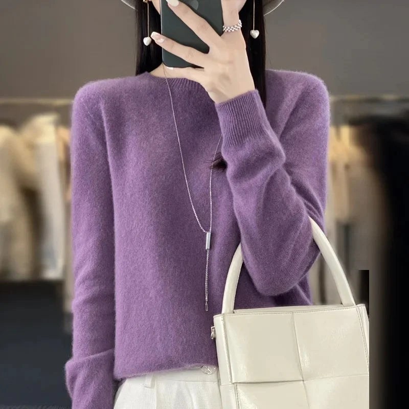 Elegant Crew Neck Knitwear Women's Long Sleeve Wool Sweater Simple Quality Base Layer Shirt Versatile Fashionable Chinese Brand