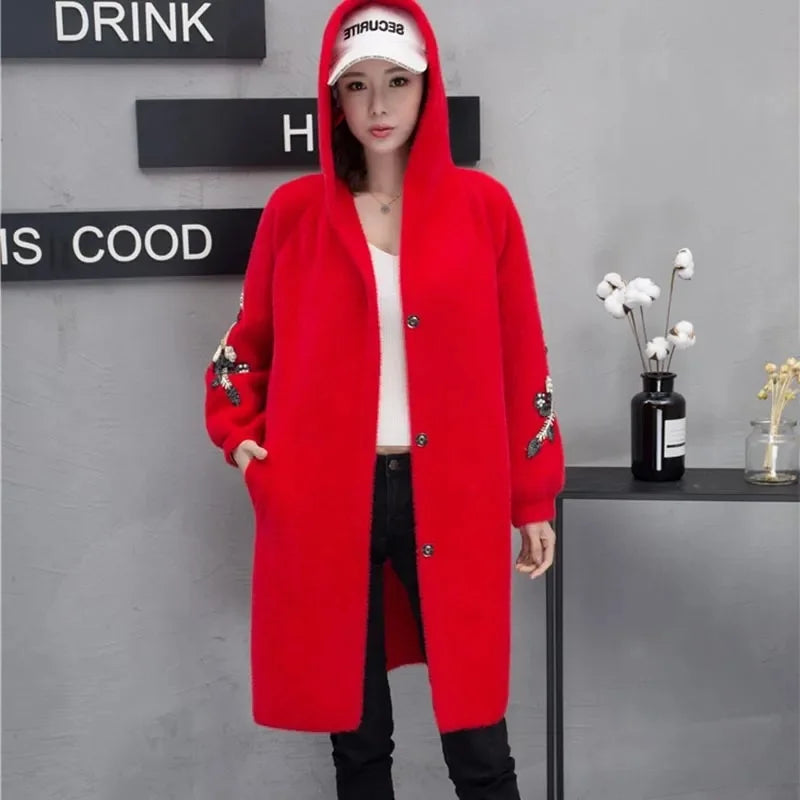 Thickened Autumn and Winter New Imitation Mink fur Coat Women's Medium Long Embroidered Knitted Cardigan Hooded Mink fur Coat WS