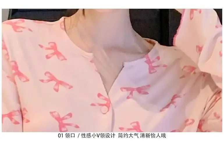 ElyraLux Women Night Wear Long Sleeves Pink Loungewear Leisure Sleepwear V-neck Two-Piece Set Bowknot Home clothing M-3XL